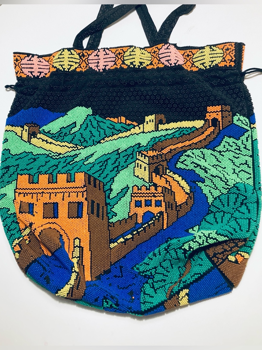 Vintage Beaded Scenic Tote Bag in Black, Green, Blue, Orange